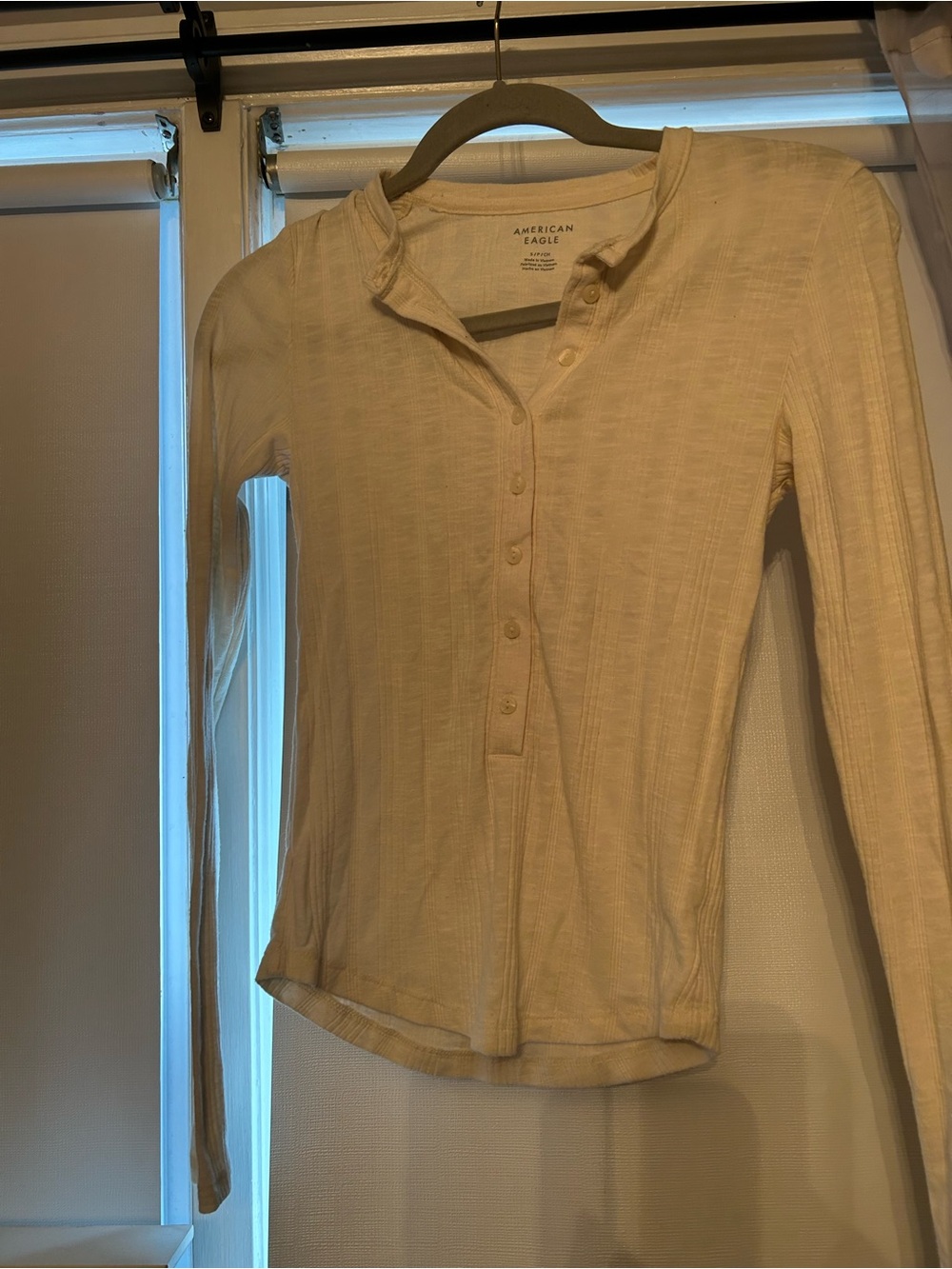 American Eagle Outfitters Cream Ribbed Long-Sleeve Henley